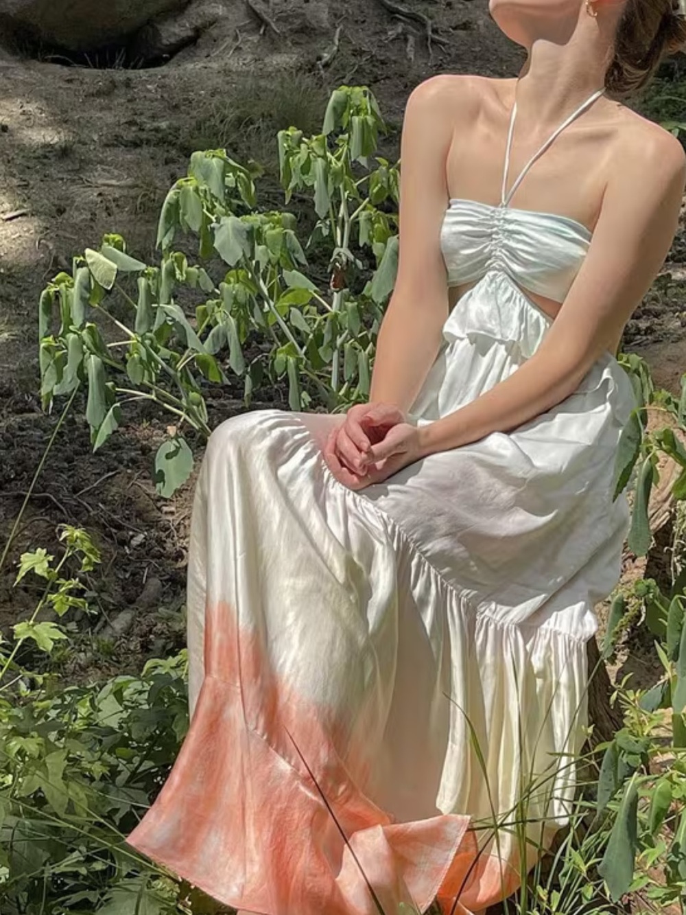 Rays for days Savannah Strapless Halter Maxi Dress in Ivory with Coral Ombre